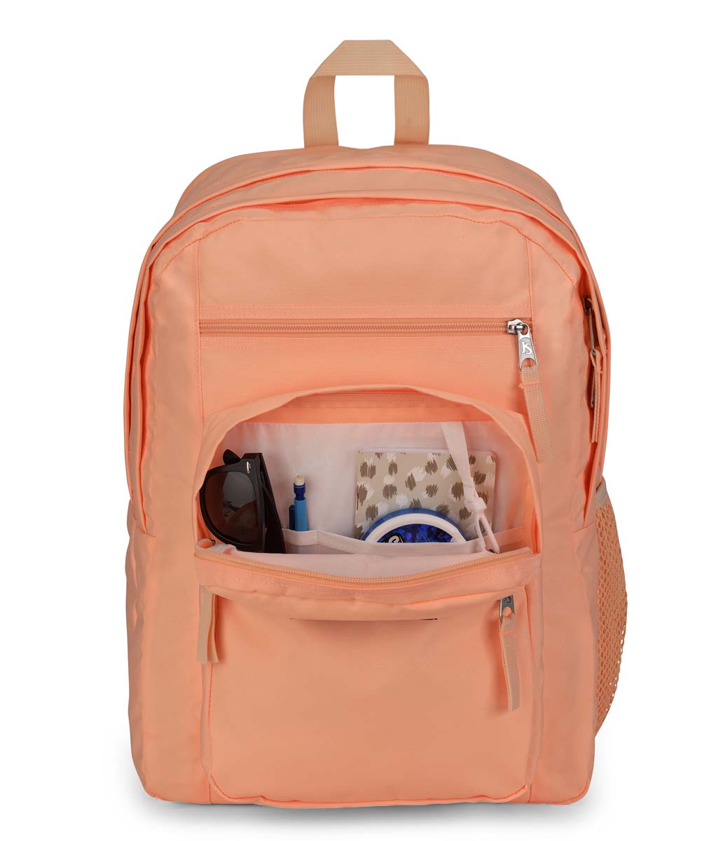 coral peaches zinnia jansport backpack Main Campus Peach Shimmer OasisSports Front zippered pocket with an organizer to keep track of your items Big Student Backpack | JanSport
